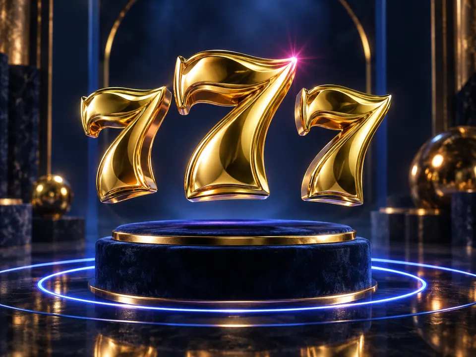 Three sculptural golden seven charms above an indigo velvet pedestal
