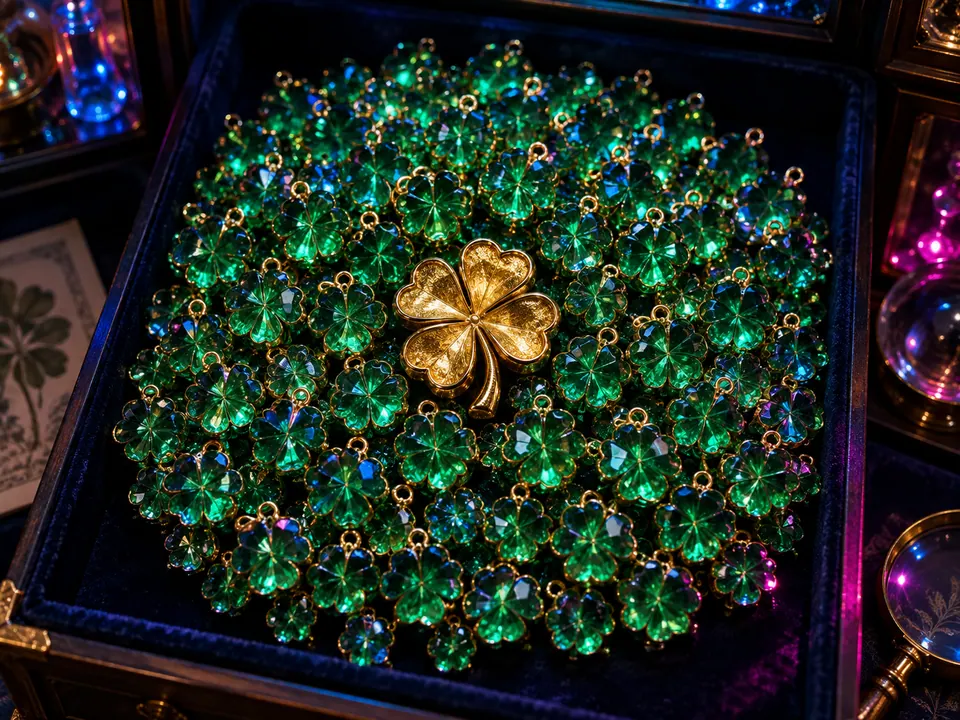 Cluster of emerald glass clover charms around a golden four-leaf clover