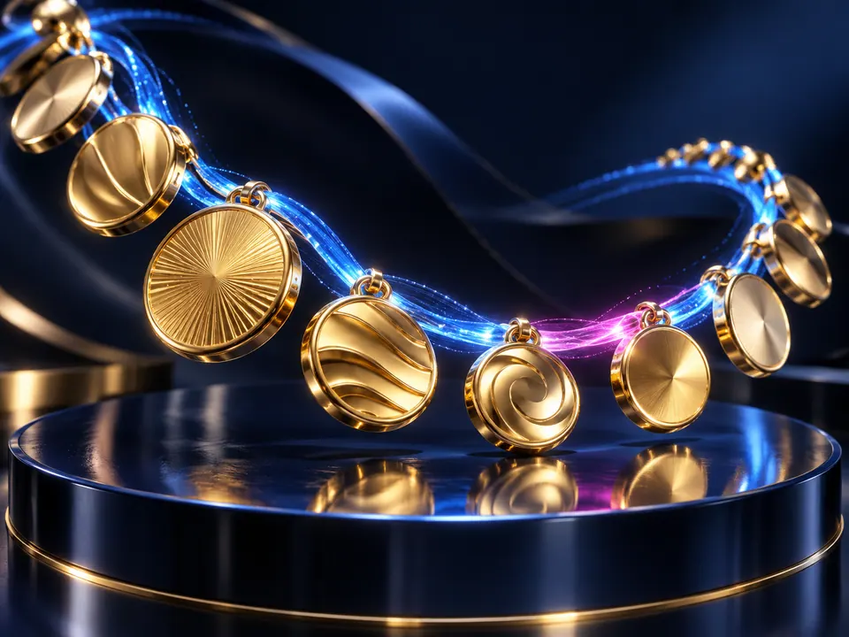 Curved necklace of abstract gold coin charms with blue fibres and a magenta pulse