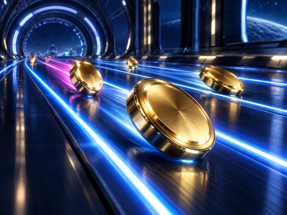 Golden discs racing along parallel cobalt light tracks