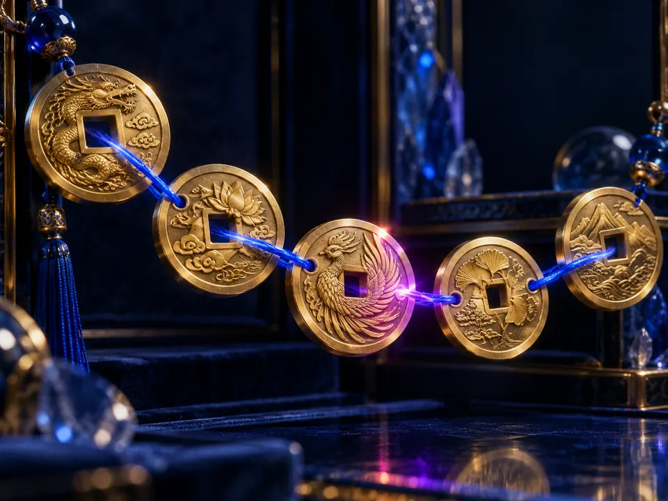 Golden coin talismans linked by electric-blue filaments in a dark display cabinet