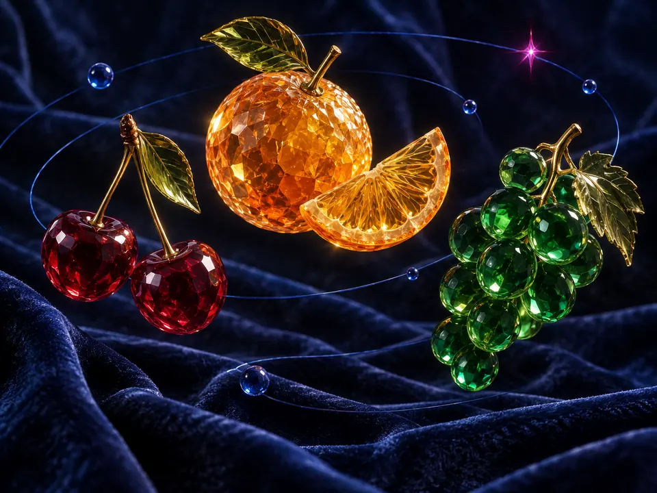 Jewel-like fruit carved from ruby citrine and emerald glass