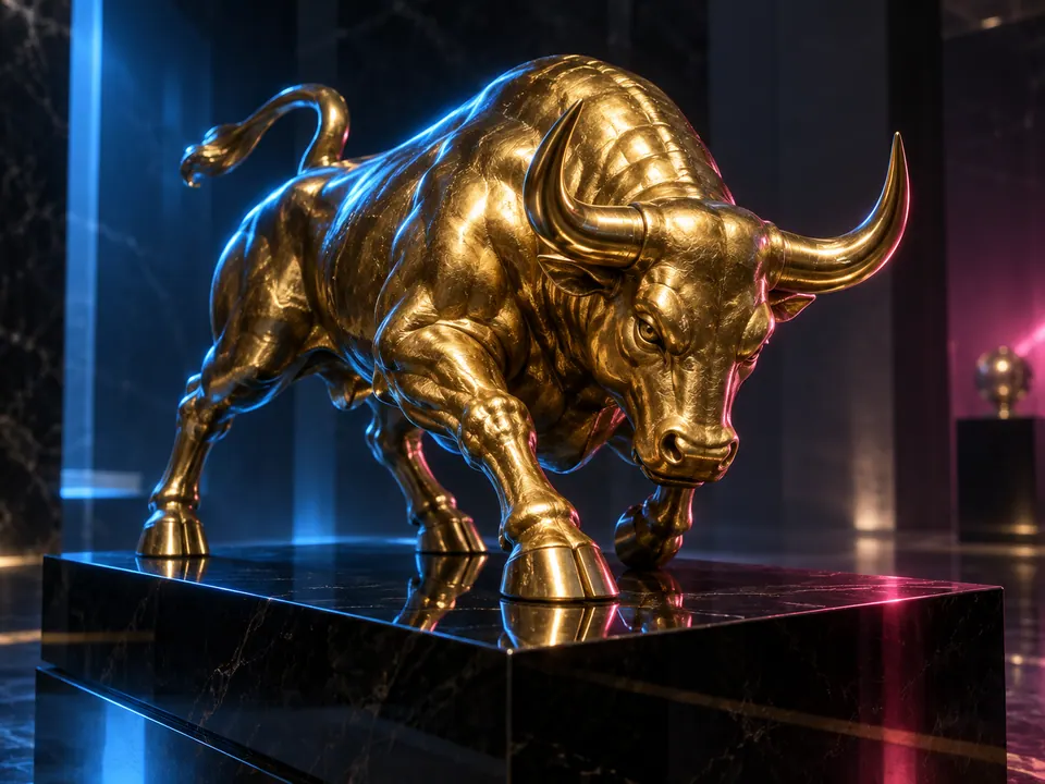 Golden bull sculpture on black glass with blue rim light