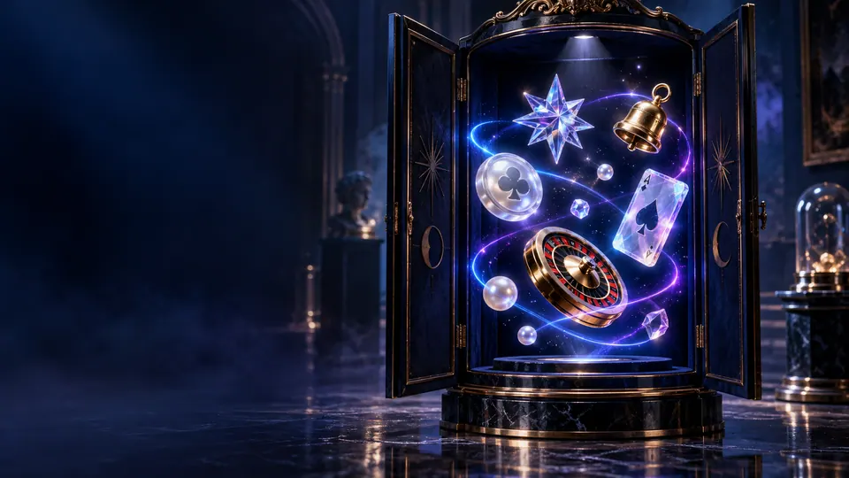 Open midnight-blue collector cabinet holding floating casino charms and glowing ribbons