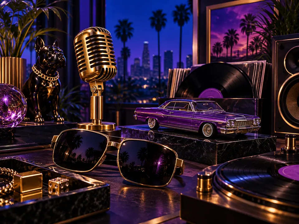 Gold microphone sunglasses purple lowrider and vinyl fragments in a navy cabinet