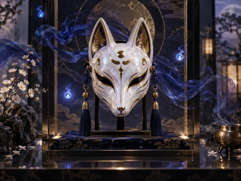 Pearlescent fox-mask charm surrounded by indigo smoke and blue lights